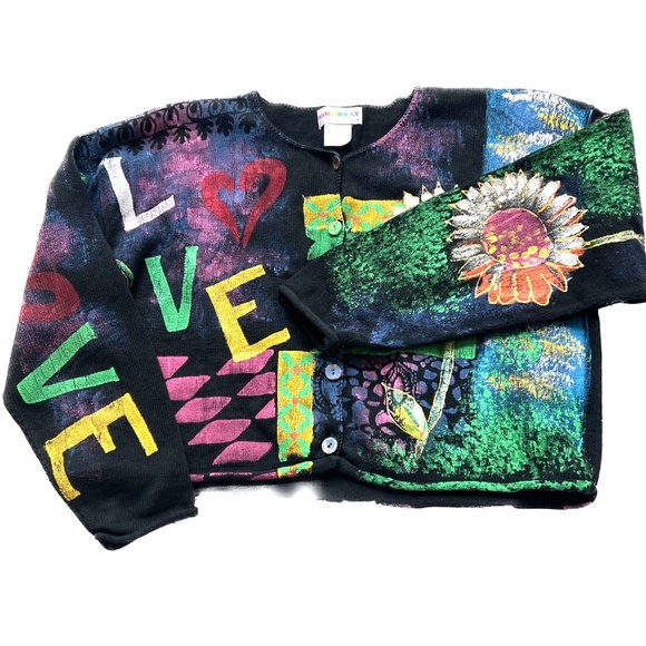 Kolorway Hand Painted Oversized Cardigan Sweater US Made  Sz 2  L-XL Floral Love - Picture 1 of 6